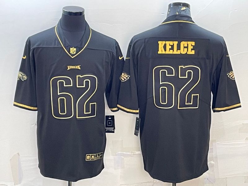 Men Philadelphia Eagles 62 Kelce Black Retro Gold Lettering 2022 Nike NFL Jersey